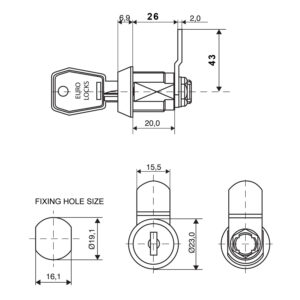 Euro-Locks B671, Serrure batteuse, Came coudée, S'entrouvrant - Dessin technique