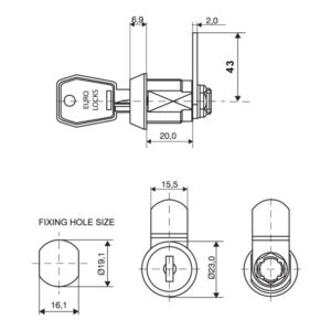 Euro-Locks B671, Serrure batteuse, Came droite, S'entrouvrant - Dessin technique