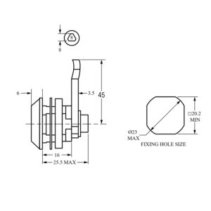 Euro-Locks serrure batteuse F185, Longueur du corps 16 mm, Pour clé triangle de 8 mm - Dessin technique