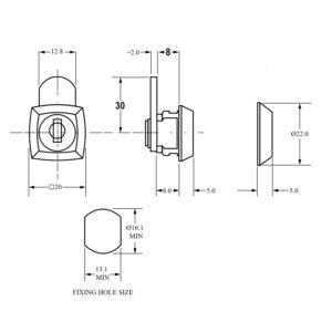 Euro-Locks serrure batteuse 0202, Longueur du corps 8 mm - Dessin technique