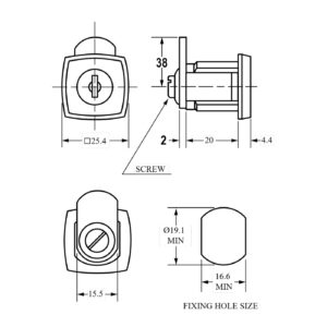 Euro-Locks serrure batteuse 1345, Longueur du corps 20 mm - Dessin technique