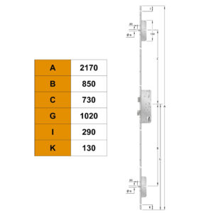 KFV AS 2372 serrure multipoints avec 2 pênes ronds - Dessin technique