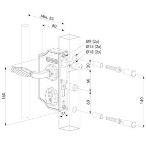 Locinox LAKY serrure ornementale style fer forgé | Noir | Pour profil carré de 40 à 50 mm – Image 2