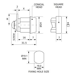 Euro-Locks 1334 serrure batteuse 16 mm - Dessin technique