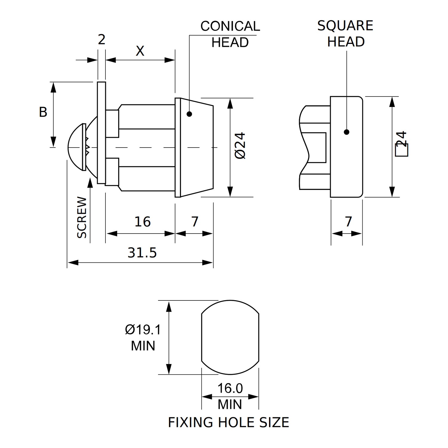 Euro-Locks 1334 serrure batteuse 16 mm - Dessin technique