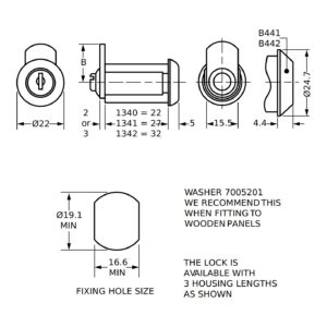 Euro-Locks 1342 serrure batteuse 32 mm - Dessin technique
