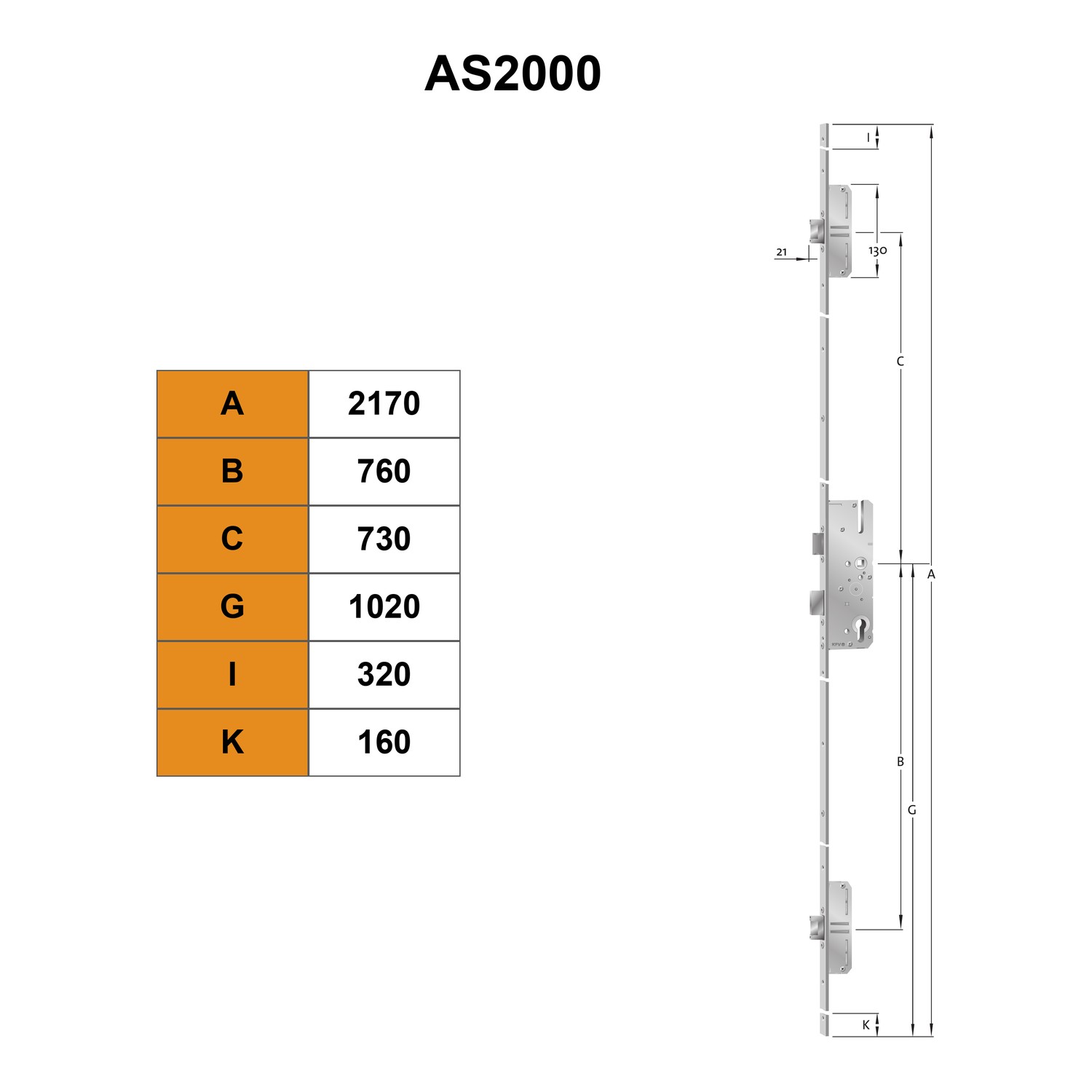 KFV AS2000 serrure multipoints a 2 penes dormants - Dessin technique